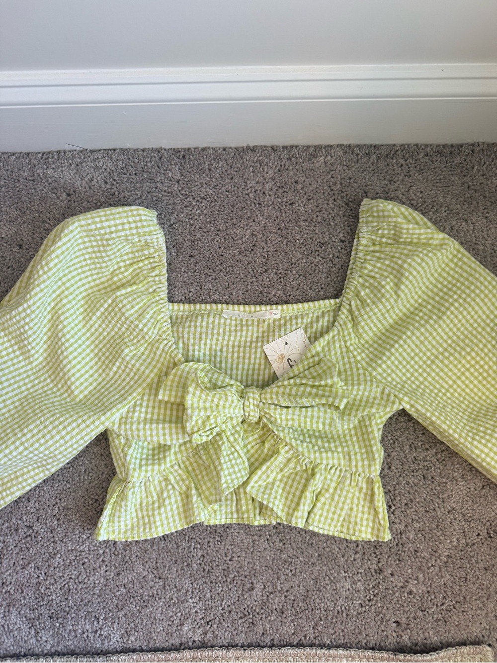 Lush Light Green Gingham Tie-Front Puff Sleeve Crop Top